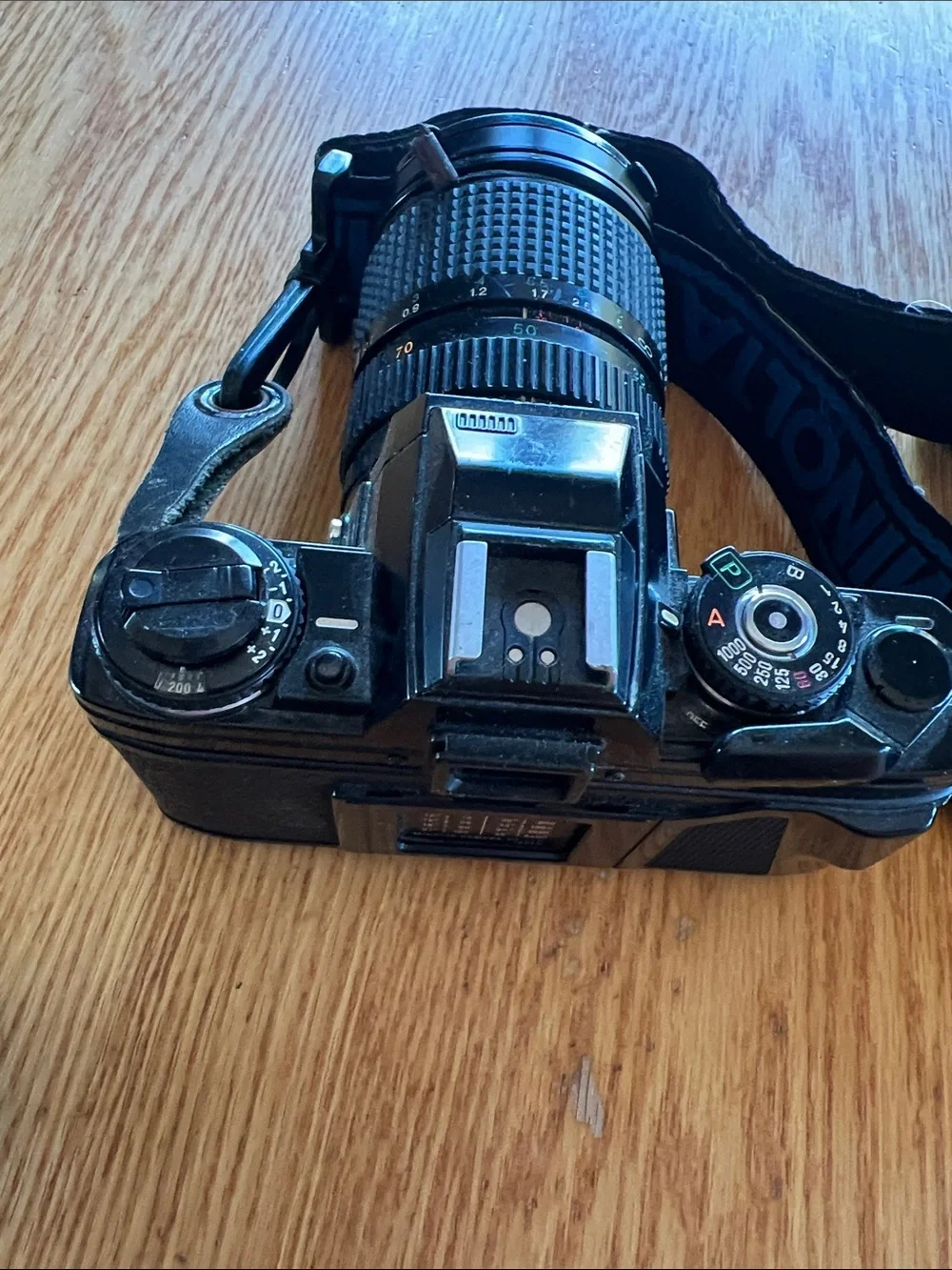 Minolta X-700 Film Camera with Black/Blue Strap, lens, adapter, auto thyristor